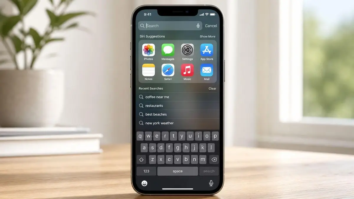 An iPhone screen displaying the search interface with Siri suggestions and a list of recent searches.