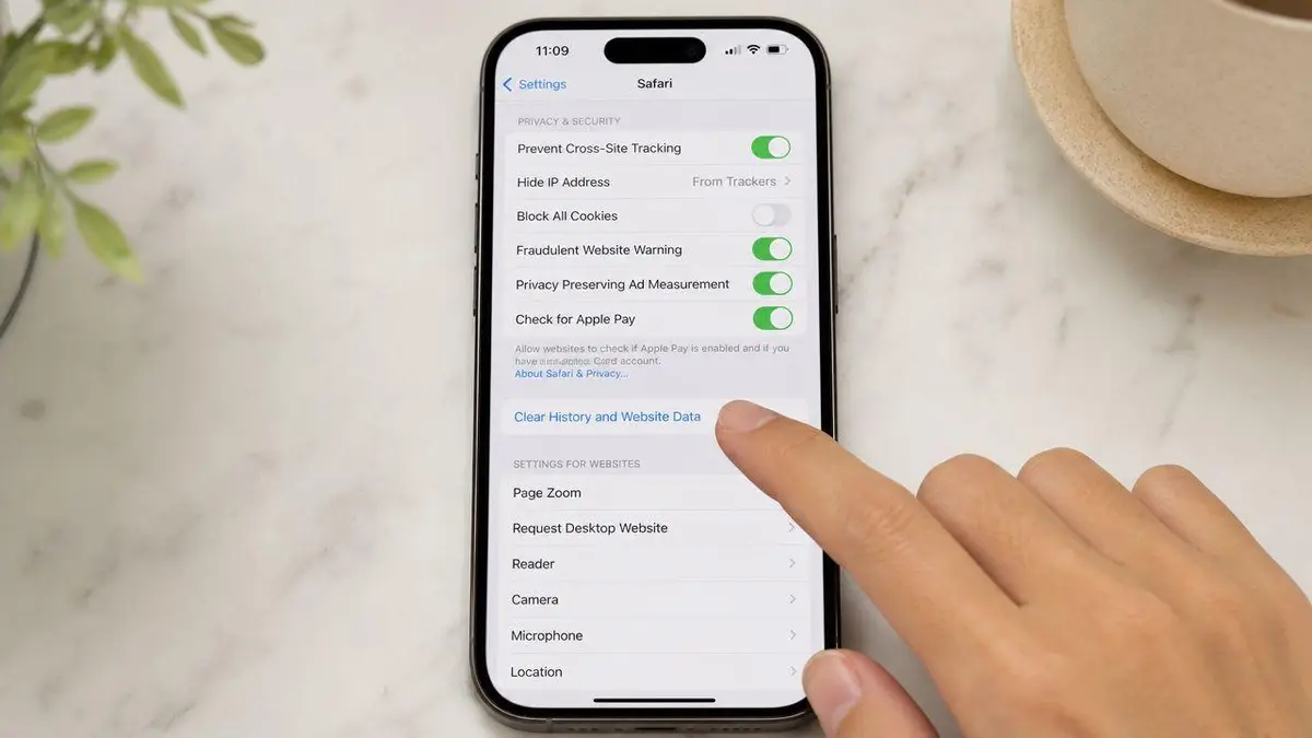 A hand pressing the Clear History and Website Data option on an iPhone Safari settings menu.