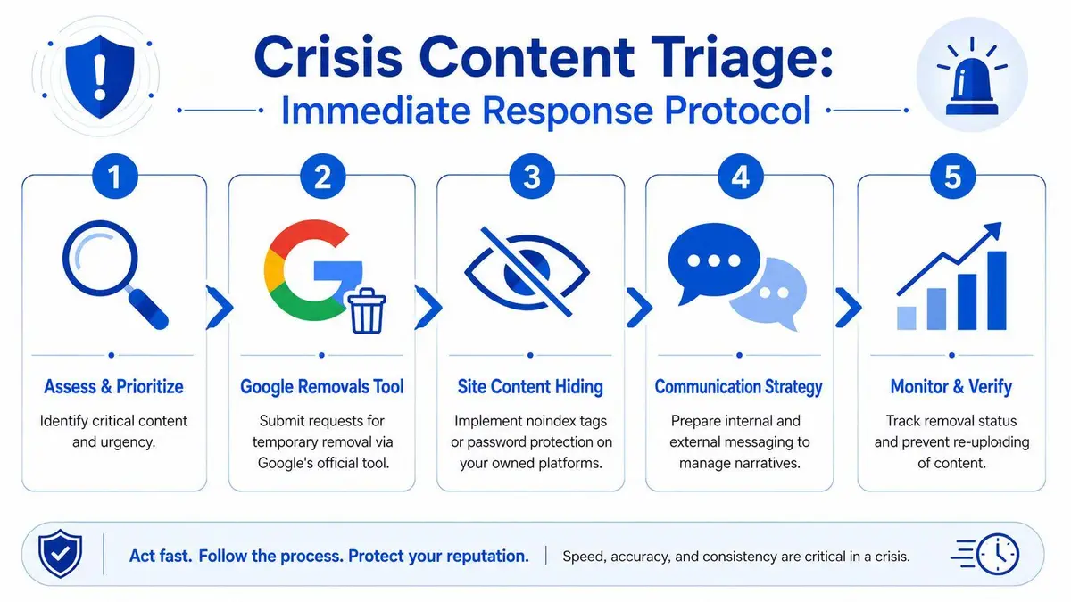 A five-step infographic guide titled Crisis Content Triage illustrating the immediate response protocol for managing online content.