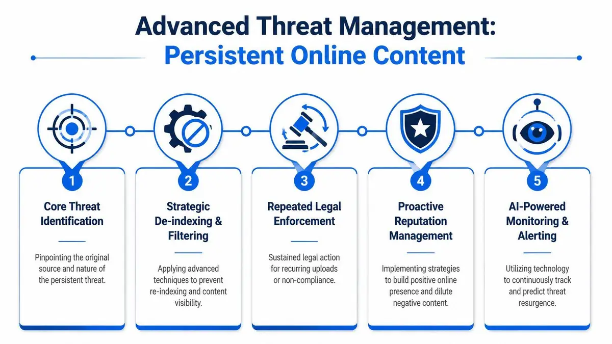 A five-step infographic showing an advanced threat management process for removing persistent online content from search results.
