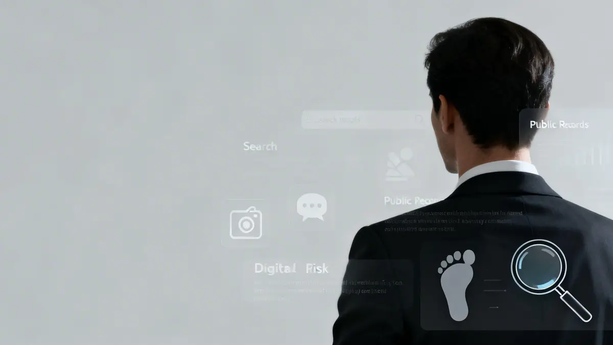 Rear view of a businessman interacting with a holographic interface showing digital footprint analysis.