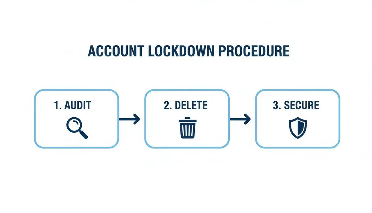 Flowchart showing an Account Lockdown Procedure with three steps: Audit, Delete, and Secure.