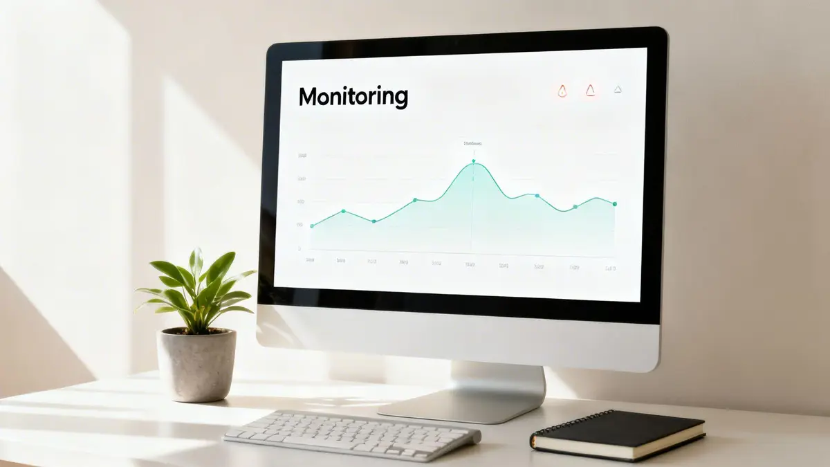 A desktop computer displays a 'Monitoring' dashboard with a line graph on a minimalist desk.
