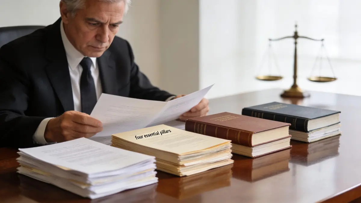 An elderly lawyer reading documents at his desk with legal books and scales of justice.