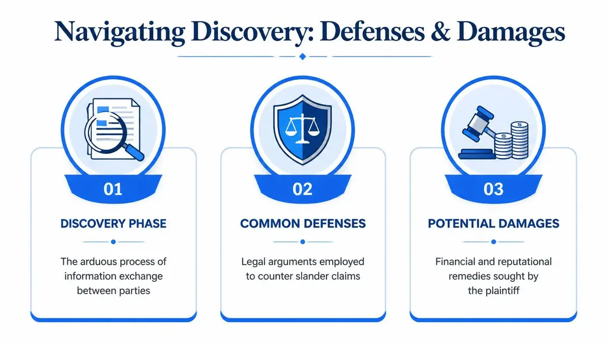 A legal infographic titled Navigating Discovery explaining the three stages of discovery, common defenses, and potential damages.