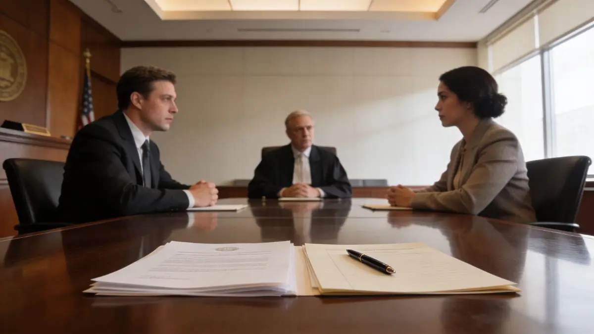 A professional legal meeting with two lawyers and a judge sitting at a conference table in chambers.