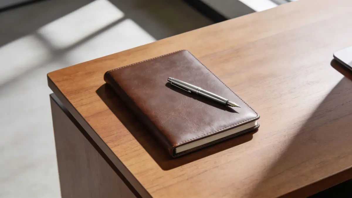 A leather journal and a silver fountain pen placed on a wooden office desk under natural sunlight.