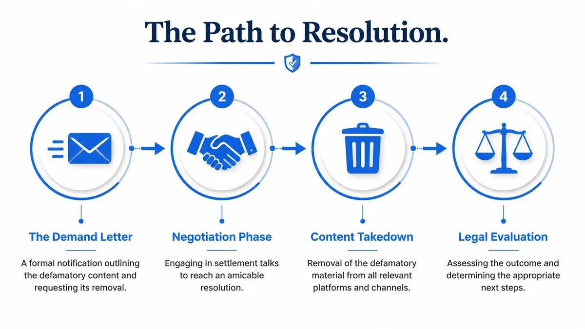 A flowchart showing the four-step process for resolving defamation cases, starting from demand letters to legal evaluation.