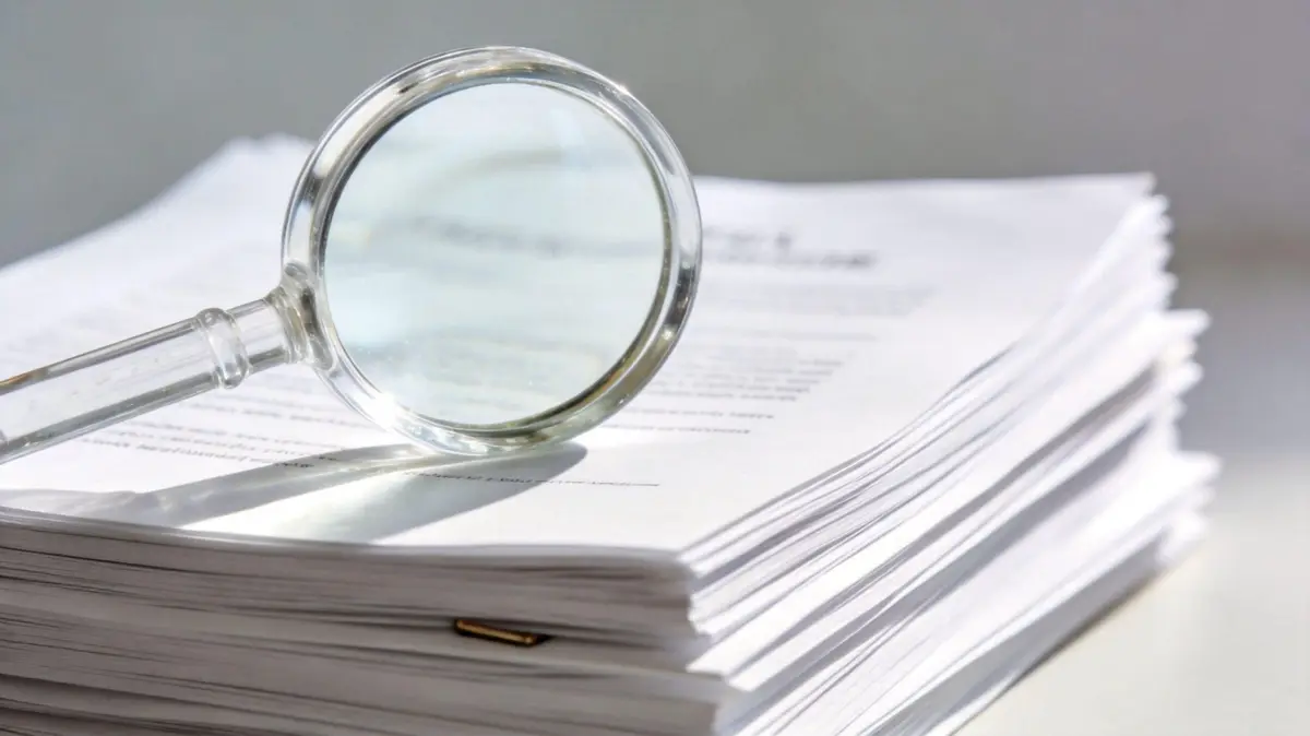 A magnifying glass resting on a thick stack of legal documents indicating a thorough investigation or review.