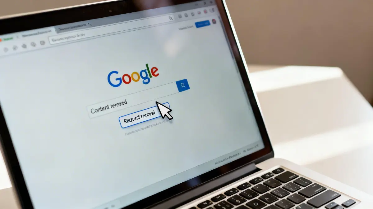 Laptop displaying Google search, a 'Content removed' search query, and a mouse cursor pointing to 'Request removal' button.