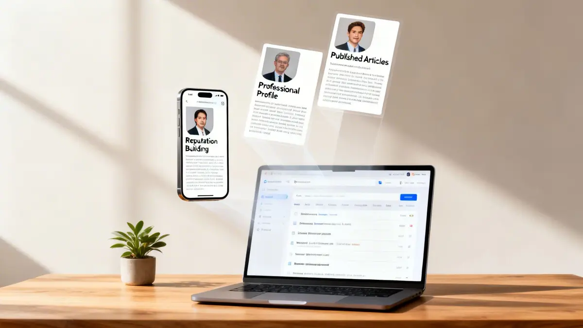 A laptop and smartphone on a desk, with floating digital profiles and articles connecting to them.