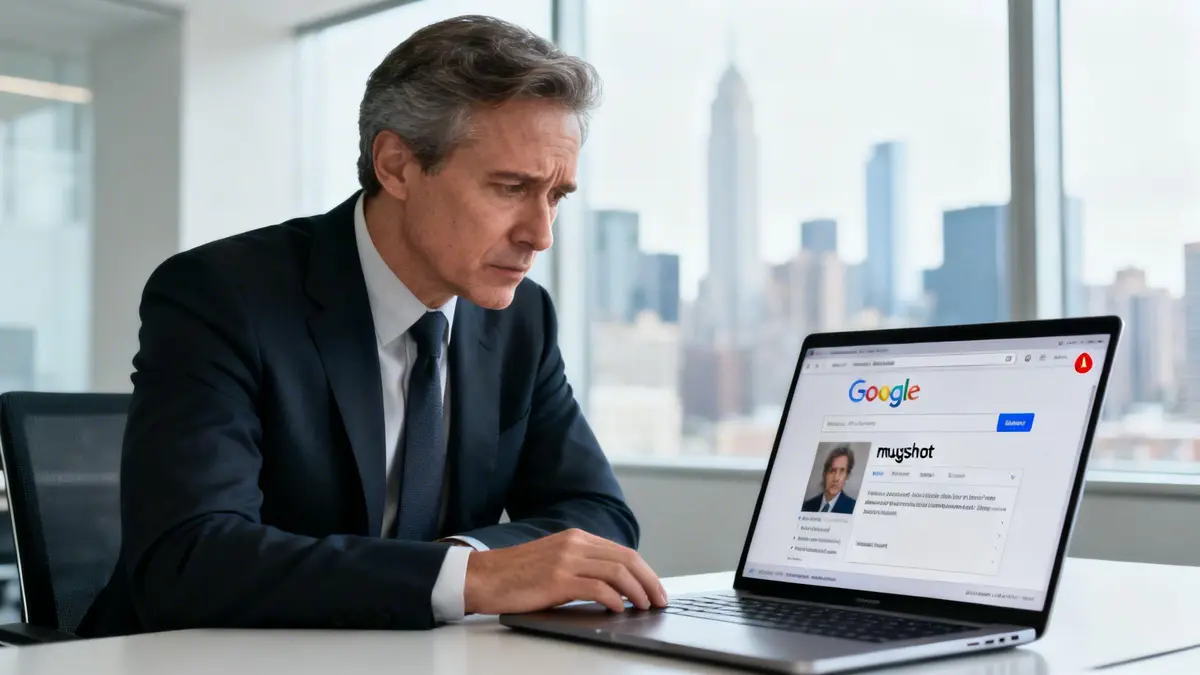A concerned businessman in a suit intently looking at his laptop, displaying a Google search for his mugshot.