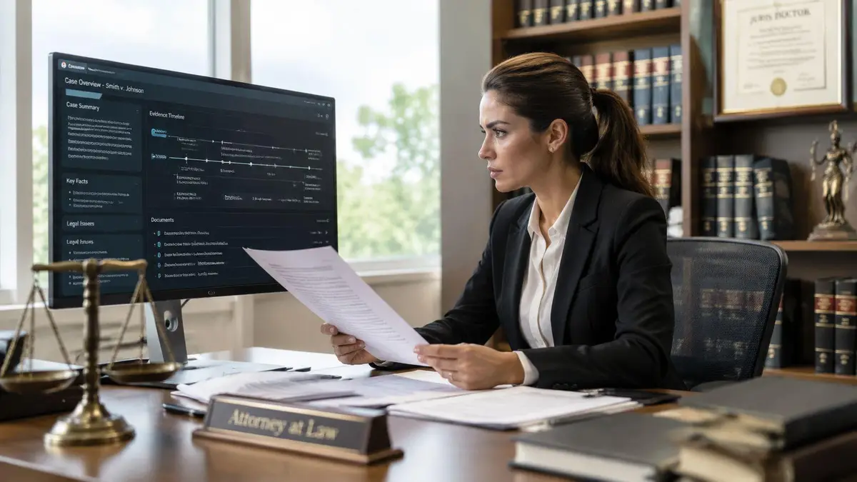A professional female attorney sits at her desk reviewing legal documents in a well-equipped modern office.