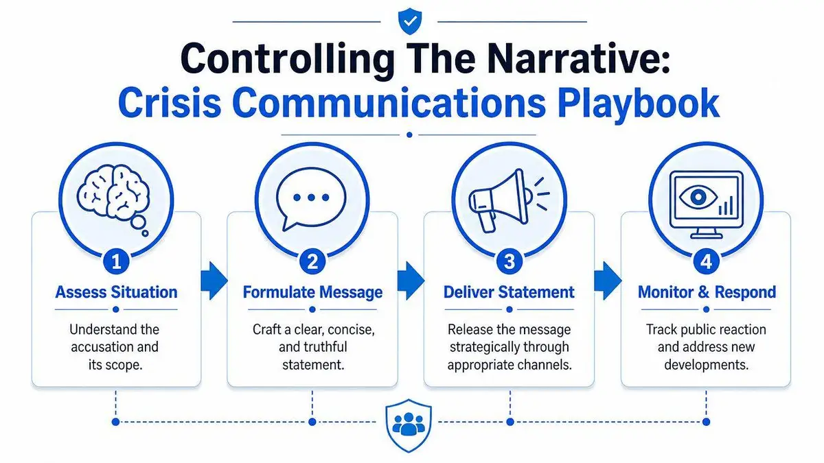 A flowchart infographic titled Controlling The Narrative outlining a four-step crisis communications playbook for handling accusations.