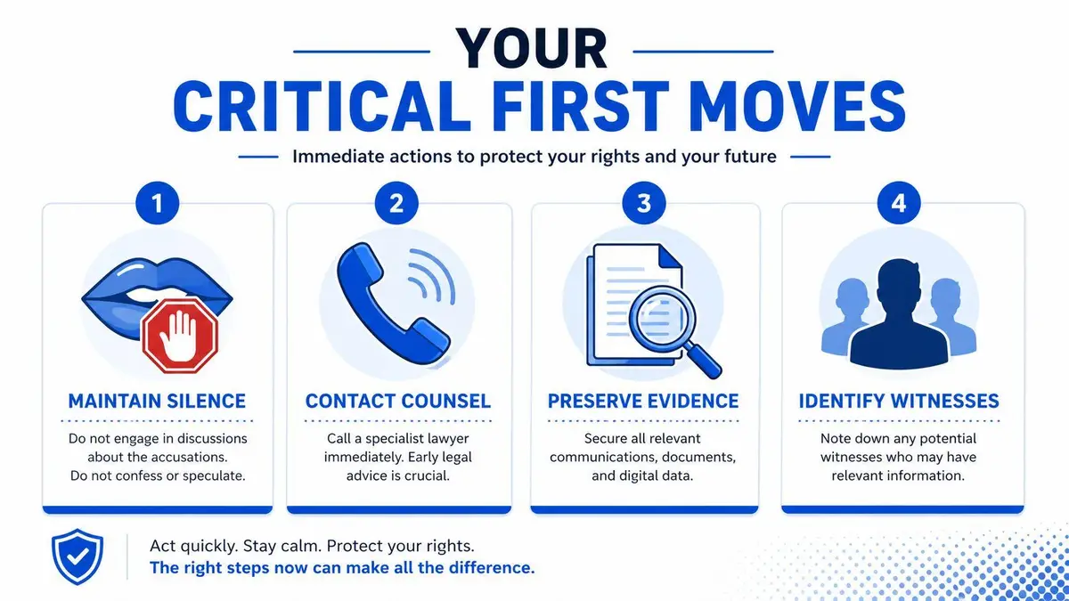 A helpful infographic showing four essential steps for individuals to take when dealing with false legal accusations.