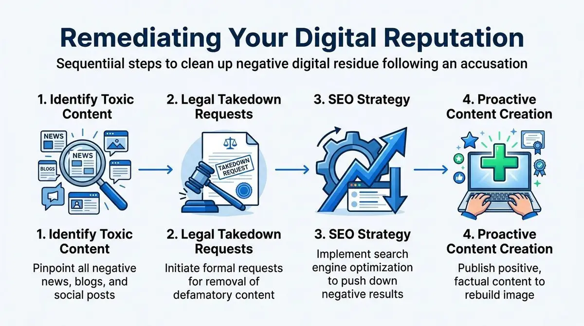 A four-step infographic illustrating a process for remediating digital reputation following an online accusation.
