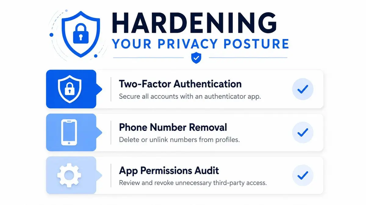 A graphic illustration detailing three essential steps for hardening your digital privacy posture through account security measures.