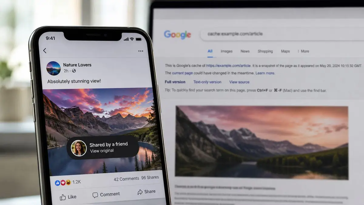 A smartphone displaying a social media post next to a laptop showing a Google cache search result.