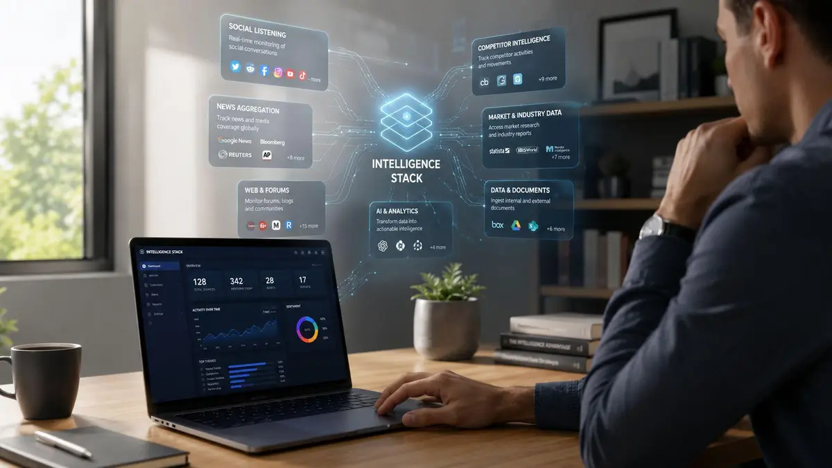 A professional analyzing an Intelligence Stack dashboard interface showing real-time market and competitor data insights.