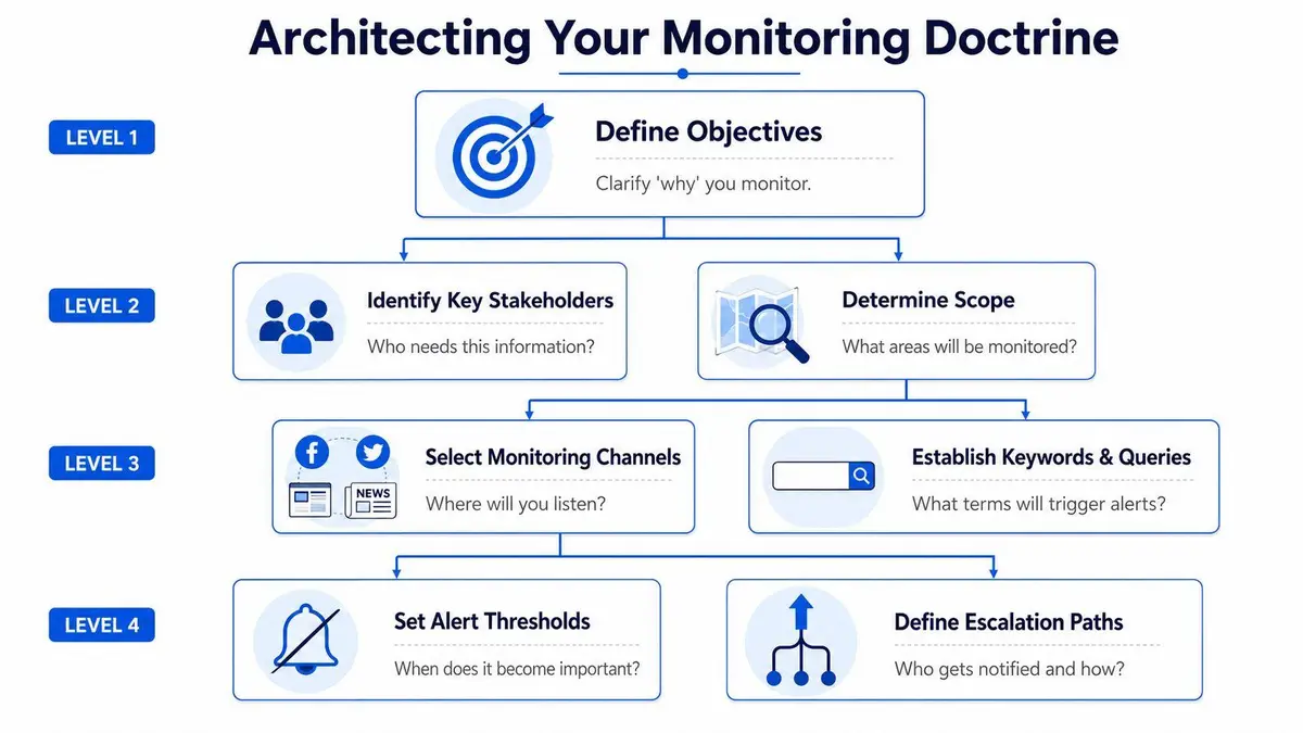 A four-level organizational chart illustrating the strategic process of architecting a comprehensive brand monitoring doctrine.