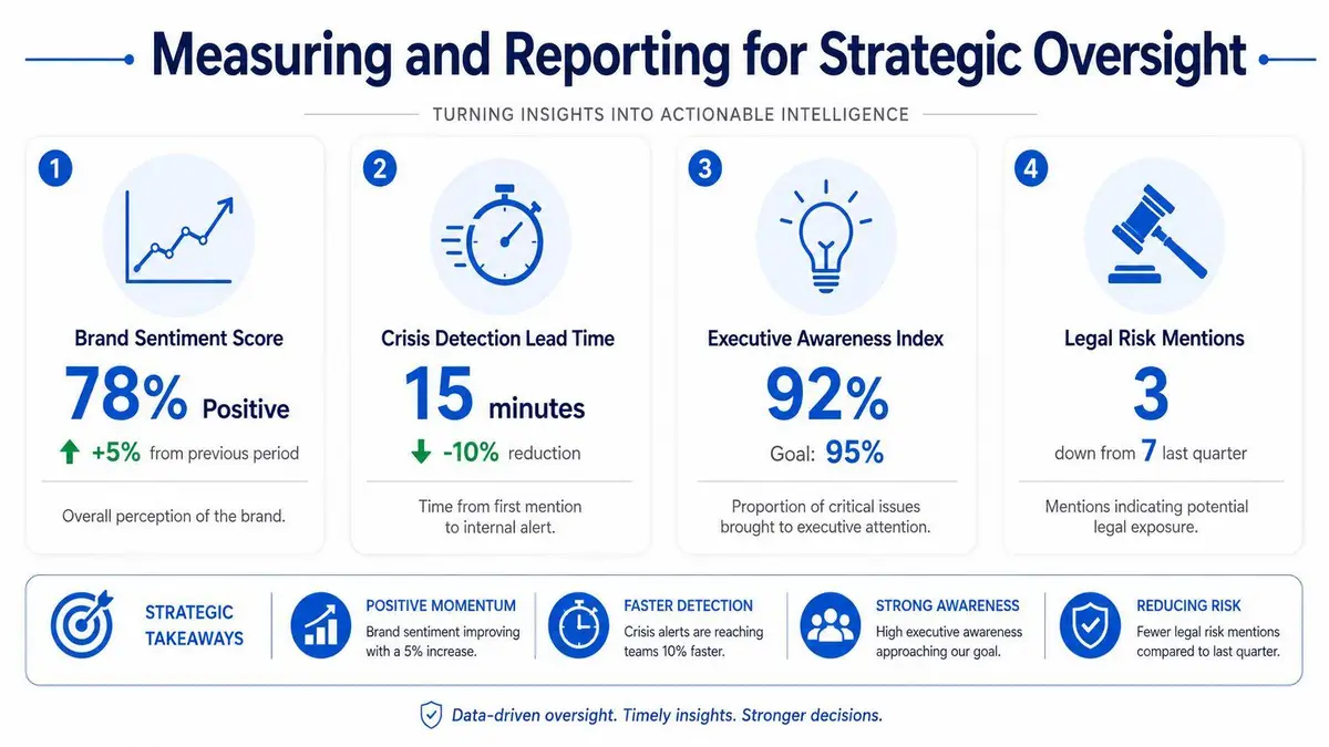 An infographic titled Measuring and Reporting for Strategic Oversight detailing key performance indicators and strategic takeaways.