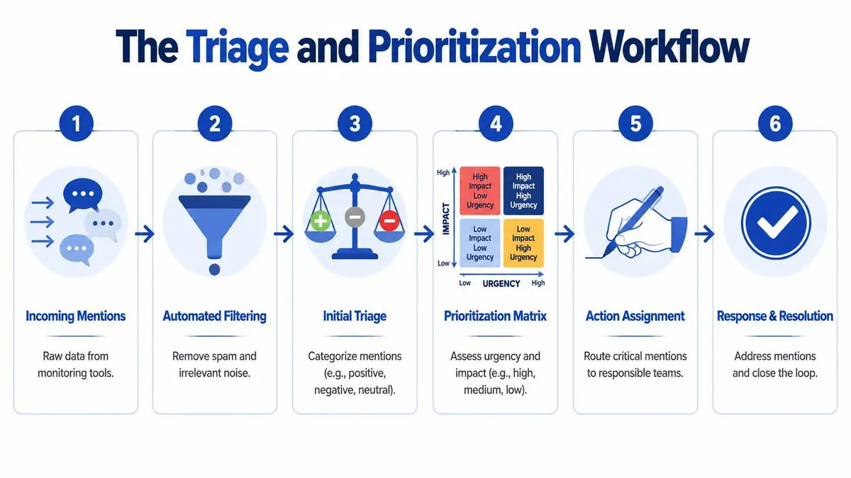 A six-step infographic illustrating the professional workflow for triaging and prioritizing incoming online brand mentions effectively.