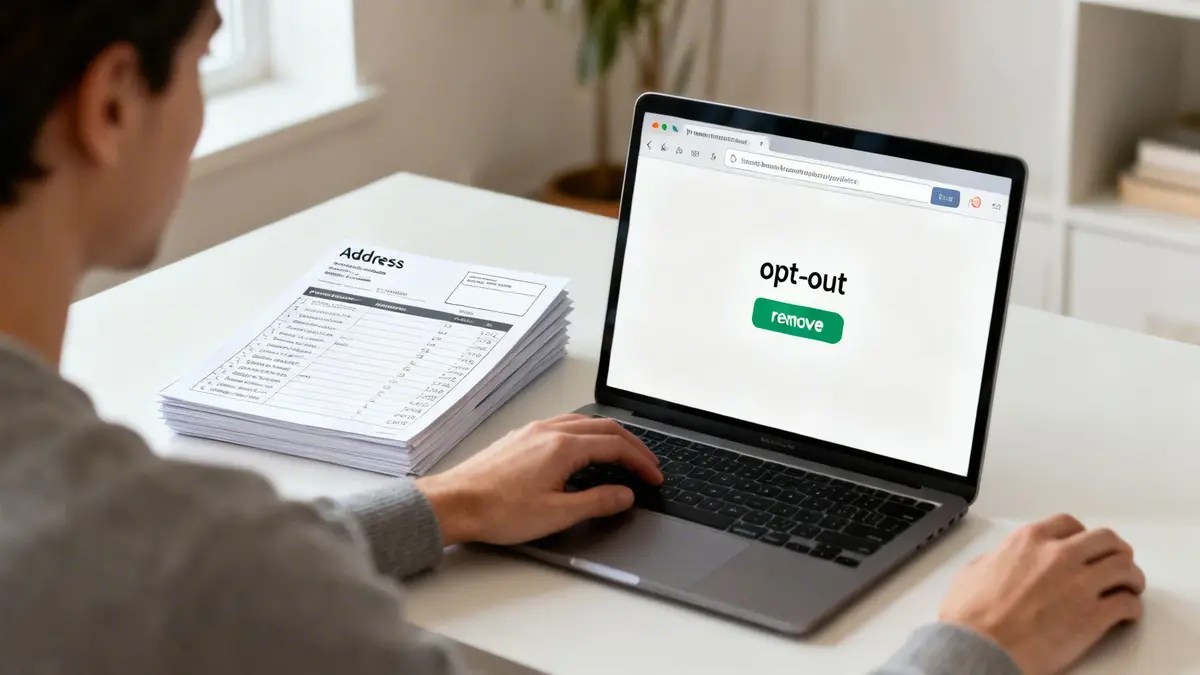 A person uses a laptop displaying 'opt-out' while a stack of address documents sits nearby.