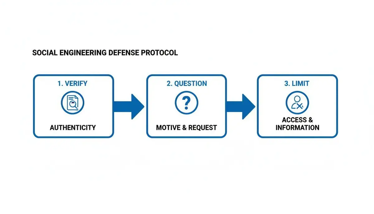 A flowchart detailing a three-step social engineering defense protocol: verify, question, and limit access.