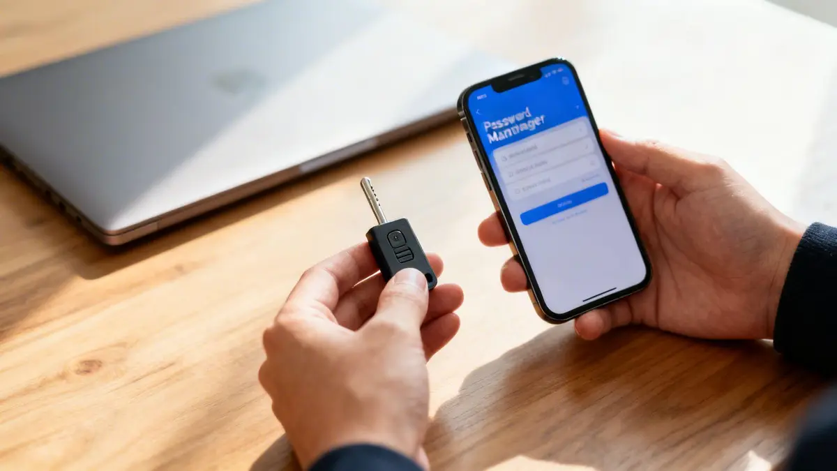 A person holds a car key and a smartphone displaying a password manager app, with a laptop in the background.