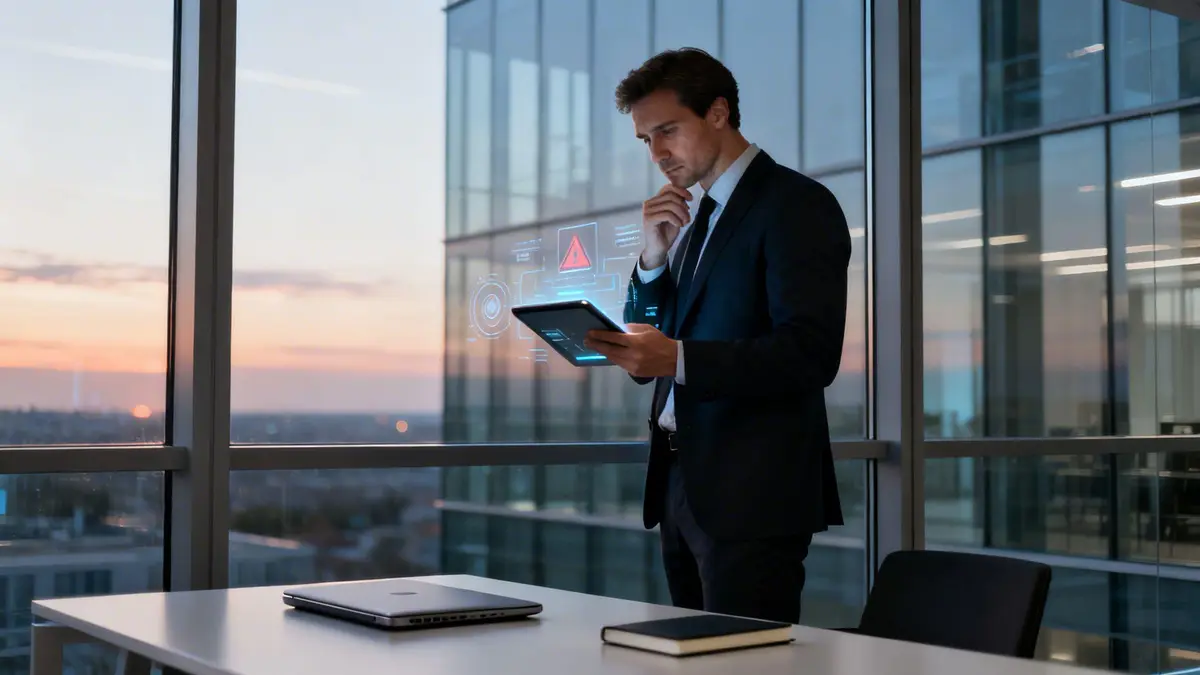 Thoughtful businessman analyzing data on a tablet with a digital alert in a modern office.