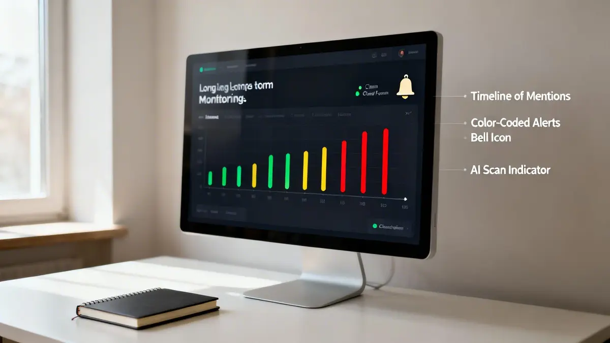 A computer monitor showing a long-term monitoring dashboard with a bar graph, color-coded alerts, and a bell icon.