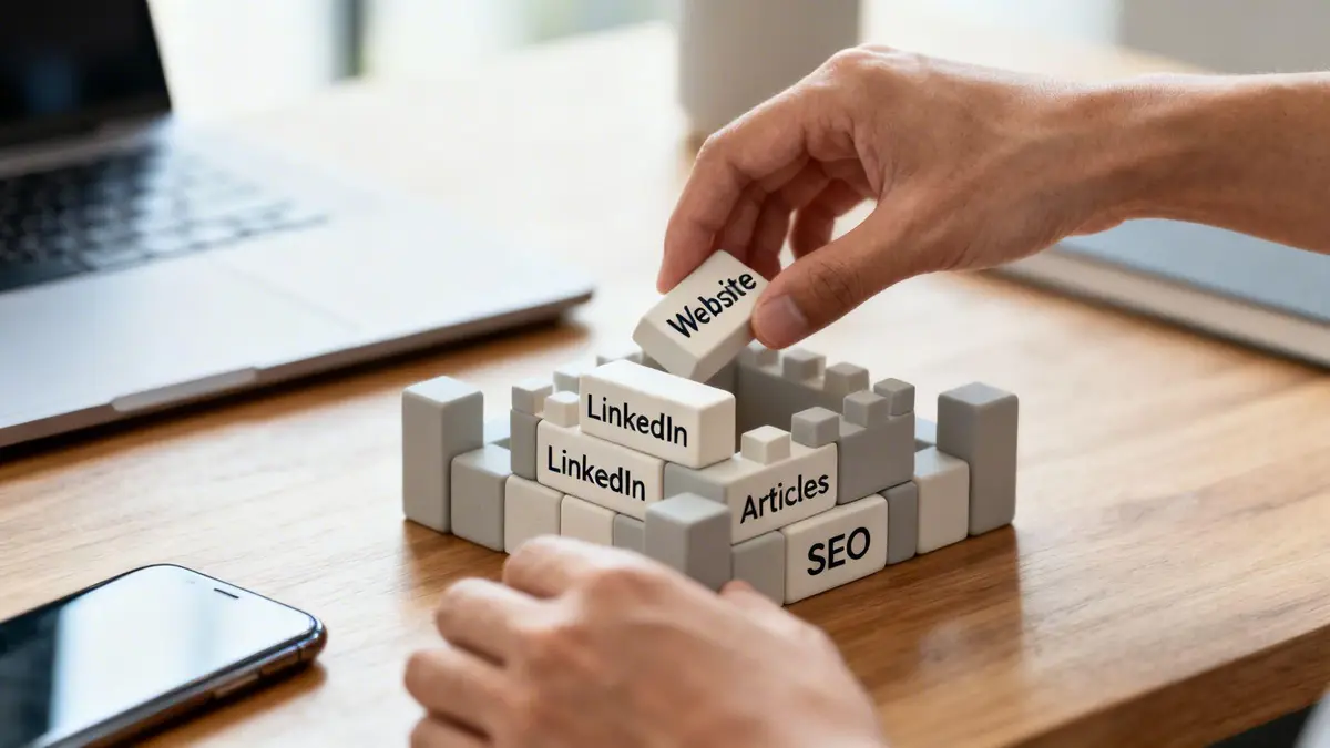 Hands build blocks labeled 'Website', 'LinkedIn', 'Articles', 'SEO' for online reputation management.