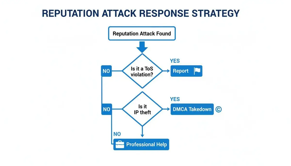 Flowchart illustrating a reputation attack response strategy, including reporting violations, DMCA takedowns, and professional help.