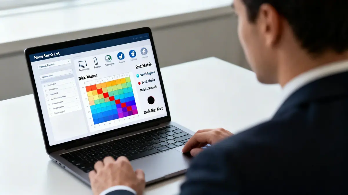 A person reviews a digital risk matrix on a laptop screen, assessing online reputation.