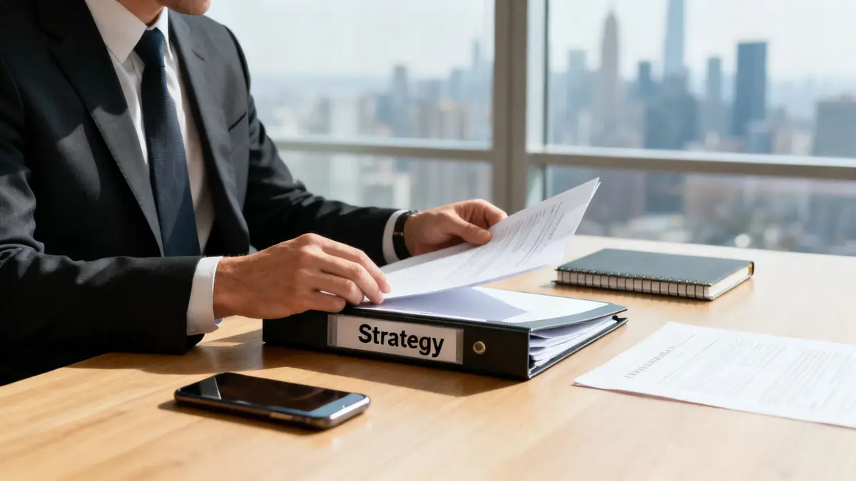 A man in a suit reviewing strategy documents in a binder at a desk with a city view.