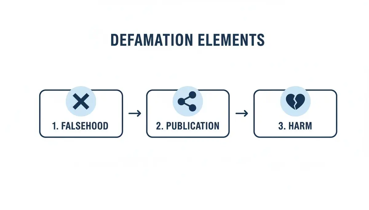 A flowchart outlining the three essential elements of defamation: falsehood, publication, and harm, with icons.