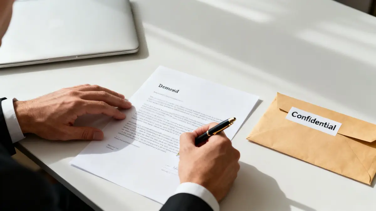 A person signs a 'Demand' document on a desk, next to a 'Confidential' envelope and a laptop.