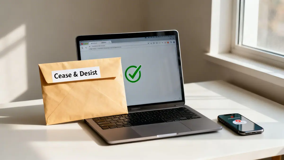 A Cease and Desist envelope leans against a laptop showing a green checkmark, with a smartphone nearby.