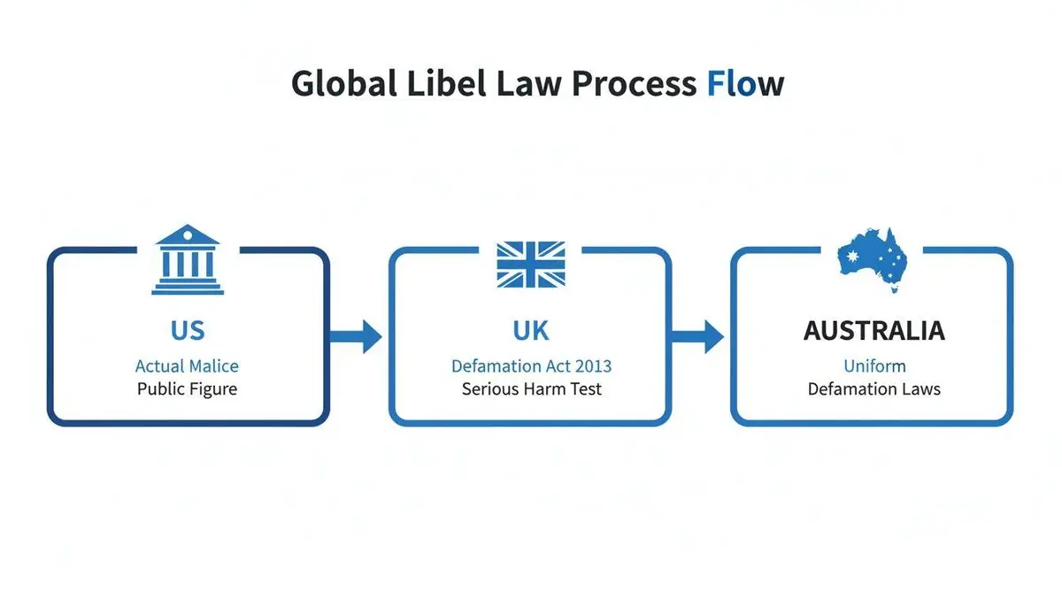 Flowchart comparing global libel law requirements in the US, UK, and Australia.