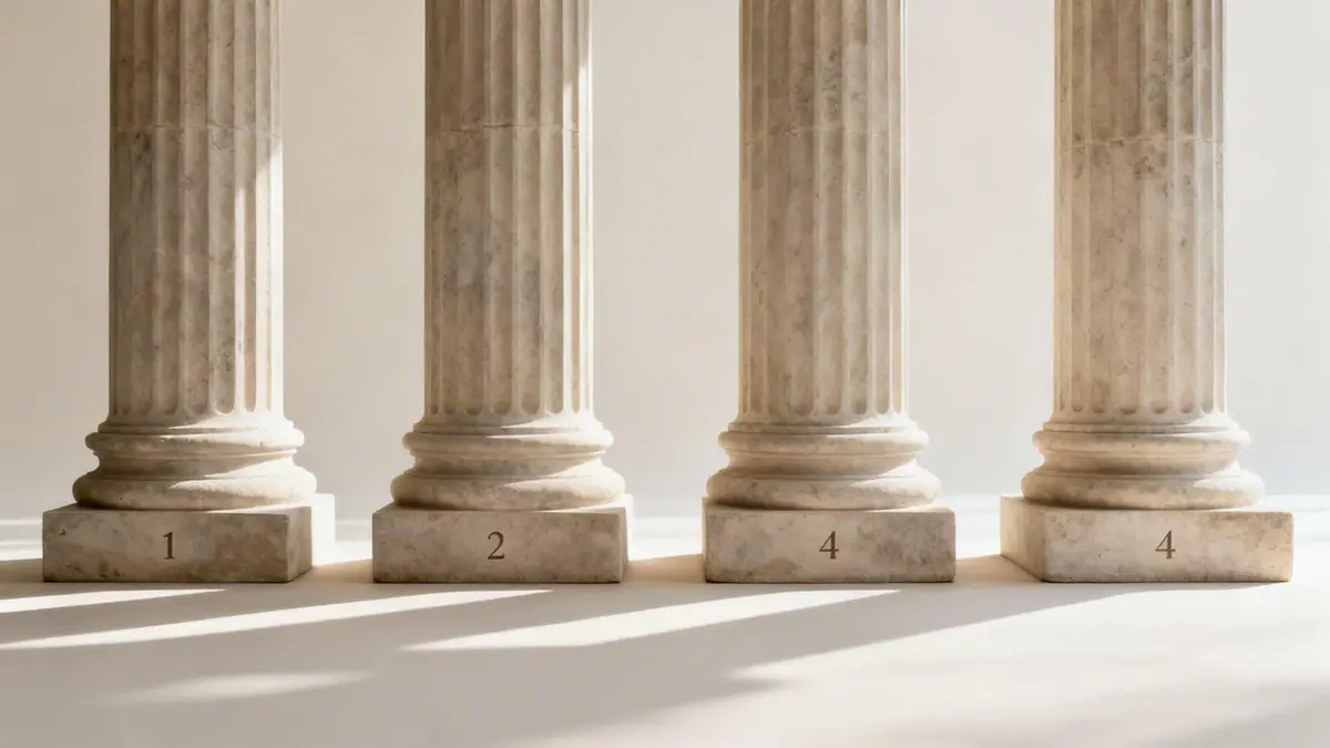 Four classical stone columns standing on numbered bases, casting long shadows on a white surface.