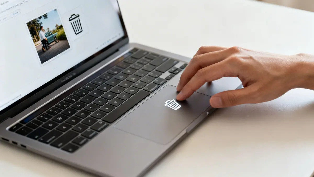 A hand interacts with a laptop trackpad featuring a trash can icon, removing a picture.