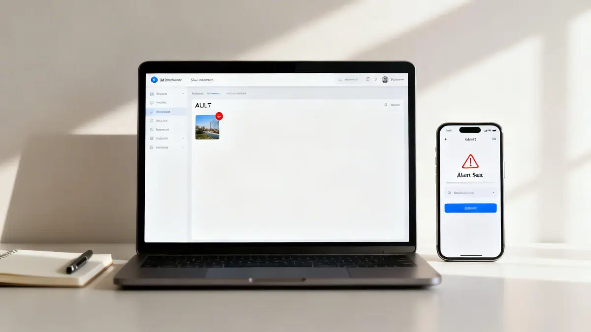 A modern workspace setup with a laptop showing a web app and a smartphone displaying a red alert notification.