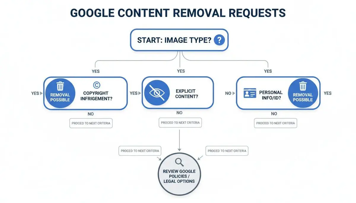 Flowchart detailing Google content removal requests based on image type, copyright, explicit content, or personal info.