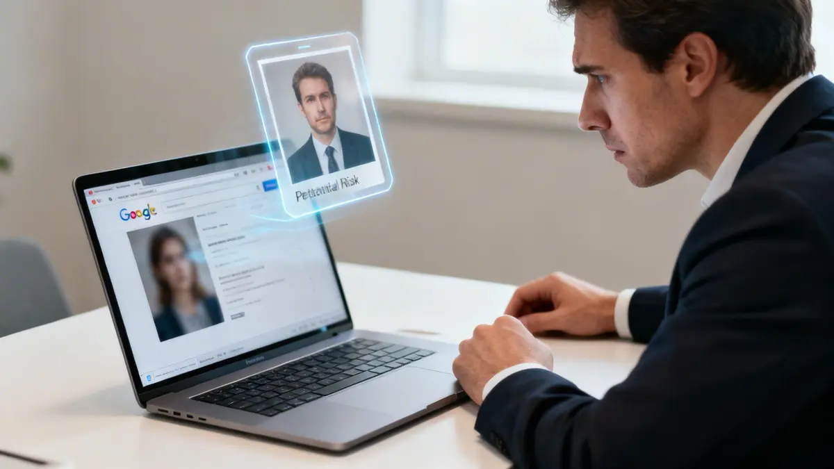 A man in a suit looks intently at a laptop displaying a Google search and a holographic 'Potential Risk' image.
