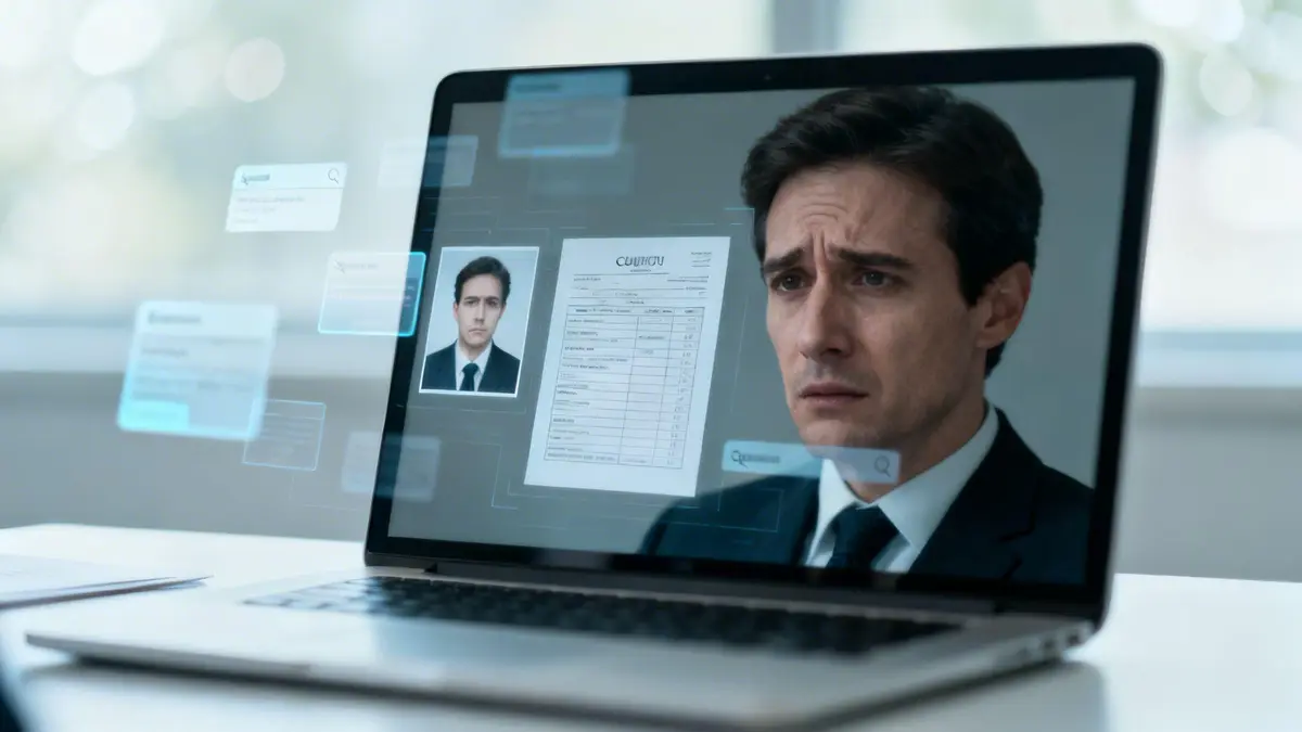 Laptop displaying a distressed man's face and holographic data including a document and profile.
