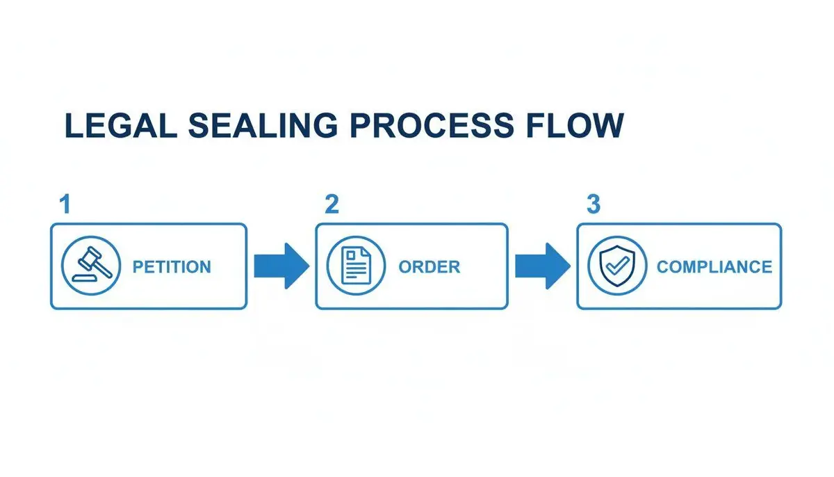A three-step legal sealing process flow showing petition, order, and compliance with respective icons.