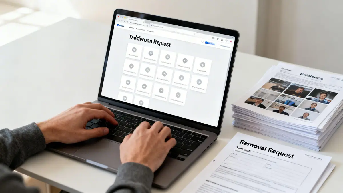 Hands typing on a laptop displaying a 'Tardwoon Request' interface, with 'Removal Request' documents on a desk.