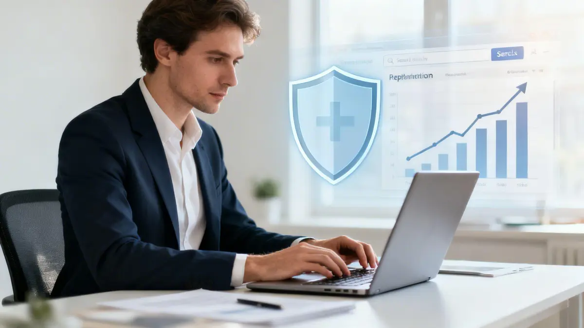 A businessman works on a laptop, viewing a holographic shield and an upward trend graph for reputation.