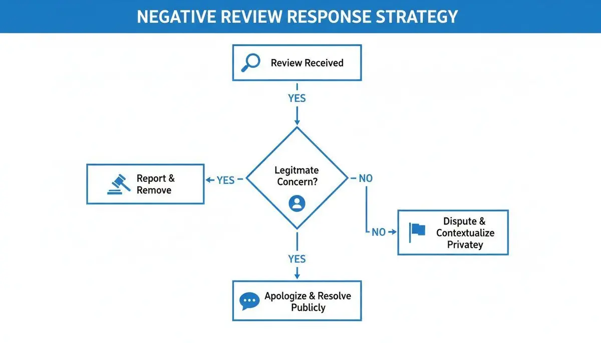 A flowchart outlining a negative review response strategy, from receiving a review to resolution actions.