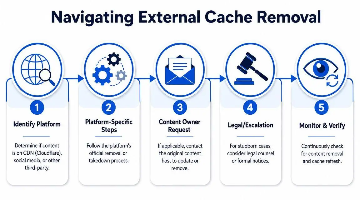 An infographic outlining a five-step process for navigating and removing content from external website caches.